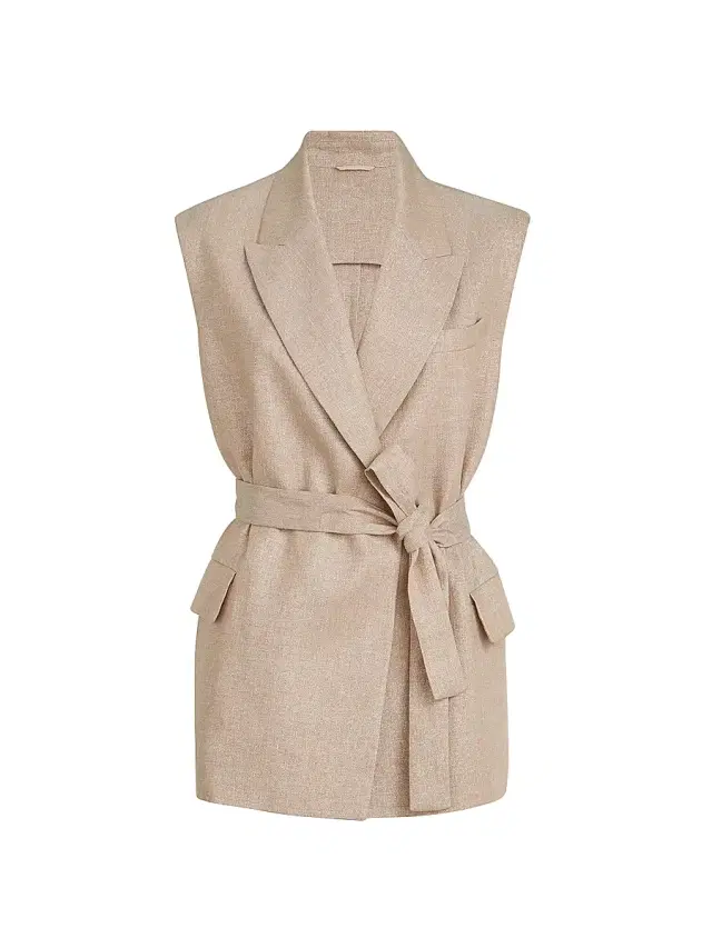 Women's Sparkling Linen Twill Belted Vest with Monili - Antique Pink