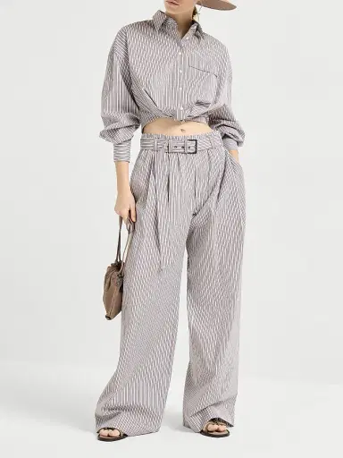 Brunello Cucinelli Women's Striped Cotton and Silk Poplin Loose Track Trousers - Bordeaux - Size 2 | Thumbnail 6