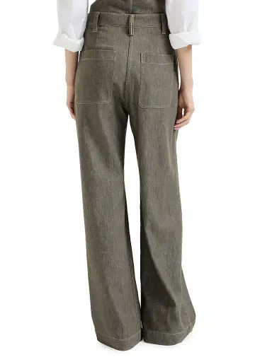 Brunello Cucinelli Women's Denim Effect Twill Smart Wide Trousers with Monili - Olive | Thumbnail 3 Brunello Cucinelli Women's Denim Effect Twill Smart Wide Trousers with Monili - Olive | Thumbnail 3