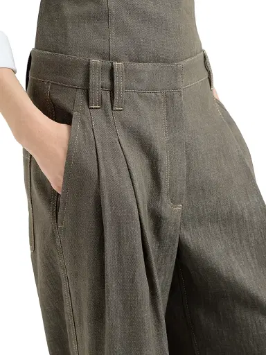 Brunello Cucinelli Women's Denim Effect Twill Smart Wide Trousers with Monili - Olive | Thumbnail 4 Brunello Cucinelli Women's Denim Effect Twill Smart Wide Trousers with Monili - Olive | Thumbnail 4