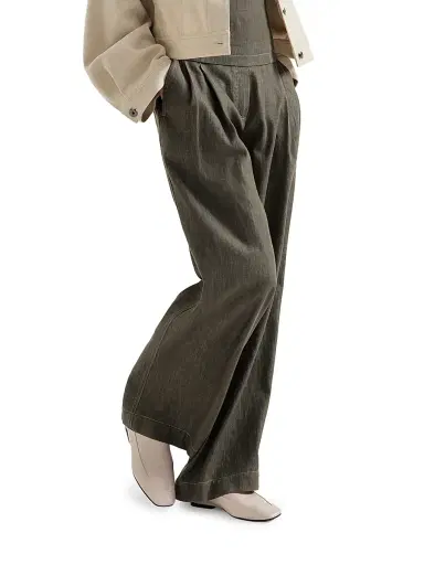 Brunello Cucinelli Women's Denim Effect Twill Smart Wide Trousers with Monili - Olive | Thumbnail 5 Brunello Cucinelli Women's Denim Effect Twill Smart Wide Trousers with Monili - Olive | Thumbnail 5