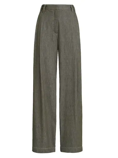 Brunello Cucinelli Women's Denim Effect Twill Smart Wide Trousers with Monili - Olive | Thumbnail 1 Brunello Cucinelli Women's Denim Effect Twill Smart Wide Trousers with Monili - Olive | Thumbnail 1