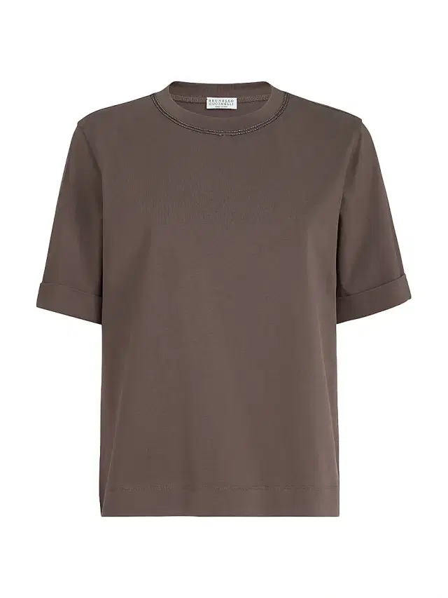 Women's Cotton Jersey T-Shirt with Shiny Trims - Brown