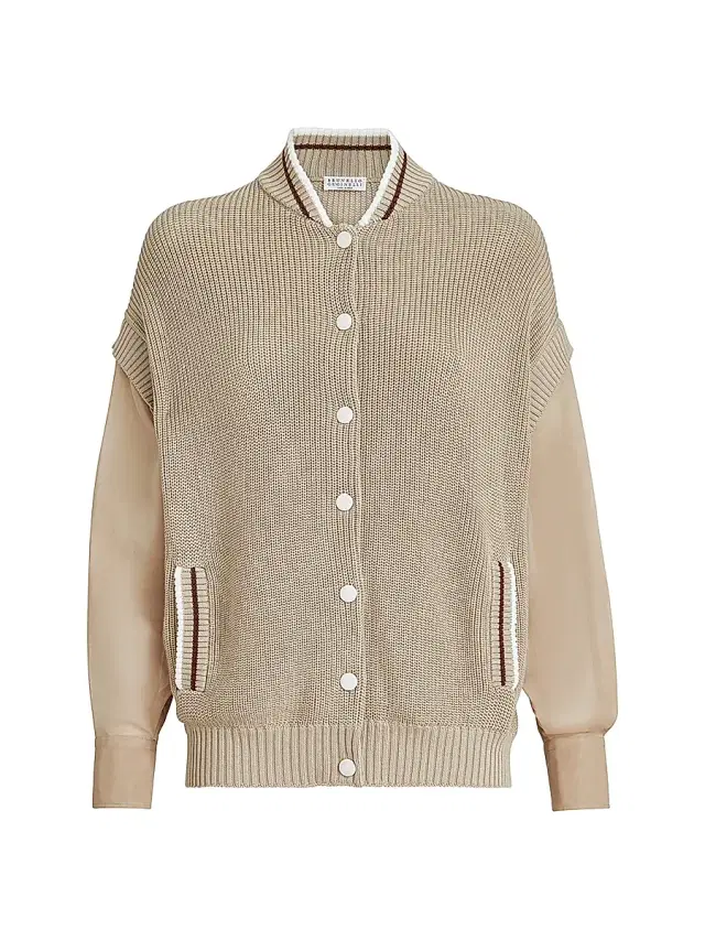 Brunello Cucinelli Women's Cotton English Rib Cardigan with Organza Sleeves - Beige