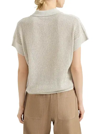Brunello Cucinelli Women's Sparkling Cotton Ribbed Net Polo Shirt - Oat - Size Large | Thumbnail 3 Brunello Cucinelli Women's Sparkling Cotton Ribbed Net Polo Shirt - Oat - Size Large | Thumbnail 3