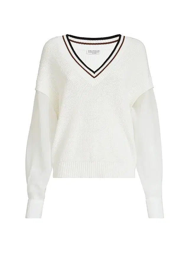 Brunello Cucinelli Women's Cotton English Rib Sweater with Organza Sleeves - White