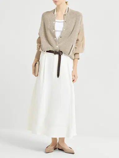 Brunello Cucinelli Women's Viscose and Linen Fluid Twill Sartorial Skirt with Monili - White | Thumbnail 6
