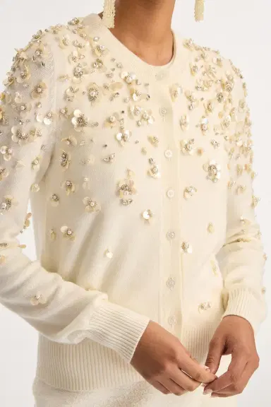 Oscar de la Renta Mother of Pearl Embroidered Cardigan | Thumbnail 3