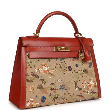 HERMÈS Vintage Hermes "Kimono" Kelly Sellier 32 Brique Box and Embroidered Silk Gold Hardware | Thumbnail 2 HERMÈS Vintage Hermes "Kimono" Kelly Sellier 32 Brique Box and Embroidered Silk Gold Hardware | Thumbnail 2