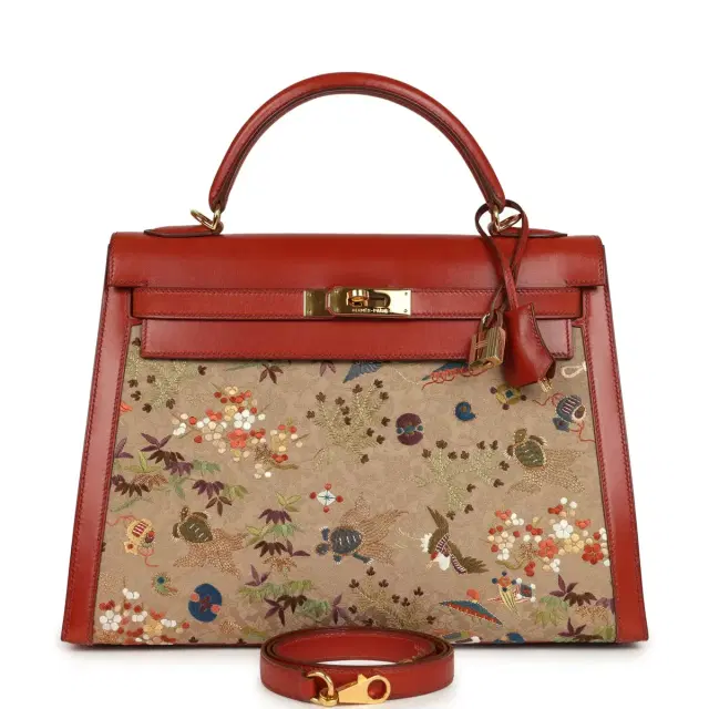 hermes Vintage Hermes "Kimono" Kelly Sellier 32 Brique Box and Embroidered Silk Gold Hardware