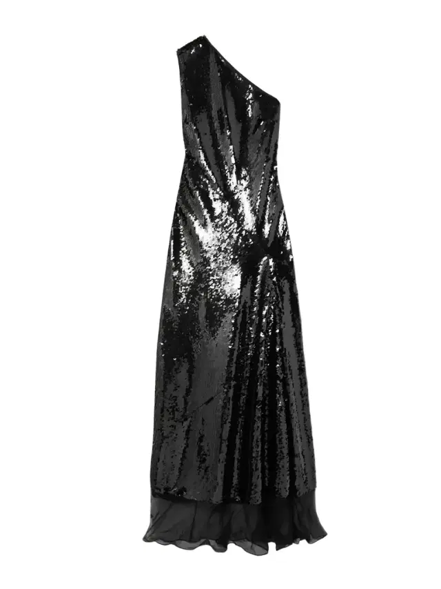 One-shoulder Chiffon-trimmed Sequined Tulle Gown