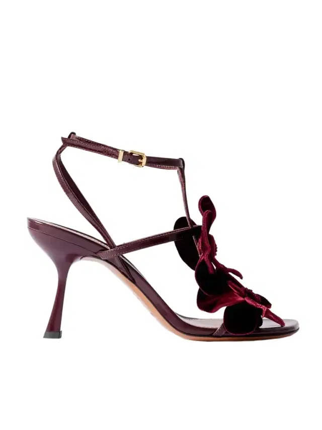 Orchid Appliquéd Velvet-trimmed Glossed-leather Sandals