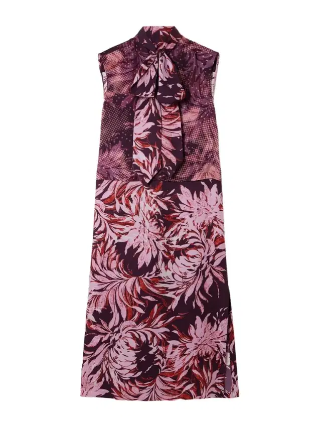 Tie-neck Floral-print Satin Midi Dress