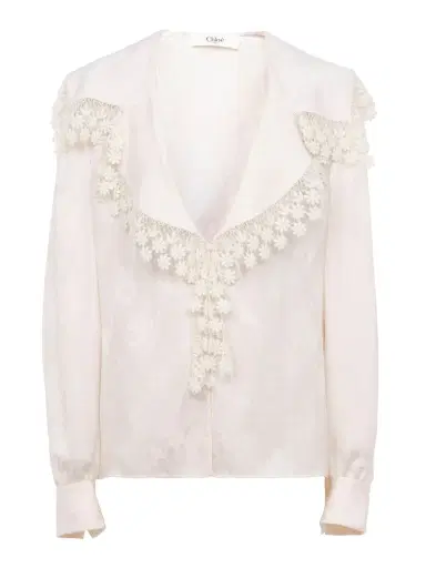 Chloé Silk Jacquard And Lace Maxi-Collar Blouse | Thumbnail 1 Chloé Silk Jacquard And Lace Maxi-Collar Blouse | Thumbnail 1