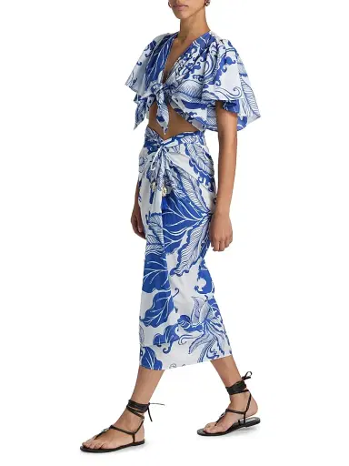 Poupette St Barth Women's Rose Coral-Print Cotton Tie-Front Top - Blue Reef Wave - Size Small | Thumbnail 2