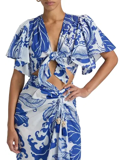 Poupette St Barth Women's Rose Coral-Print Cotton Tie-Front Top - Blue Reef Wave - Size Small | Thumbnail 3