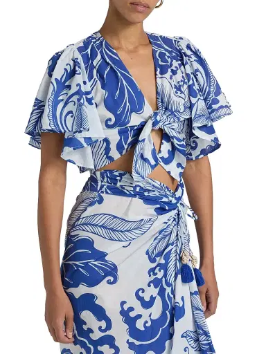 Poupette St Barth Women's Rose Coral-Print Cotton Tie-Front Top - Blue Reef Wave - Size Small | Thumbnail 4