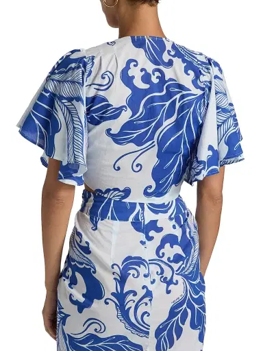 Poupette St Barth Women's Rose Coral-Print Cotton Tie-Front Top - Blue Reef Wave - Size Small | Thumbnail 5