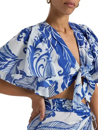 Poupette St Barth Women's Rose Coral-Print Cotton Tie-Front Top - Blue Reef Wave - Size Small | Thumbnail 6