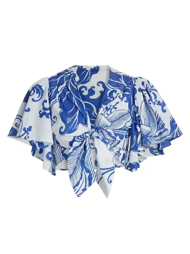 Poupette St Barth Women's Rose Coral-Print Cotton Tie-Front Top - Blue Reef Wave - Size Small | Thumbnail 1