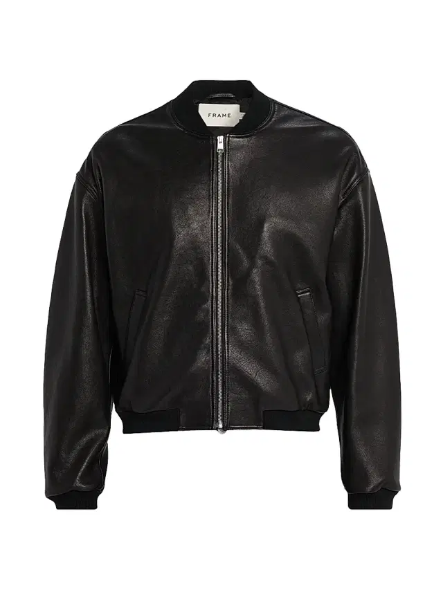 Men's Zip-Front Leather Bomber Jacket - Black