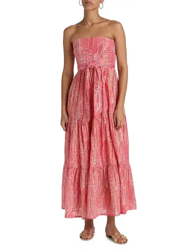 Poupette St Barth Women's Thelma Printed Cotton Strapless Tie-Waist Maxi Dress | Thumbnail 3