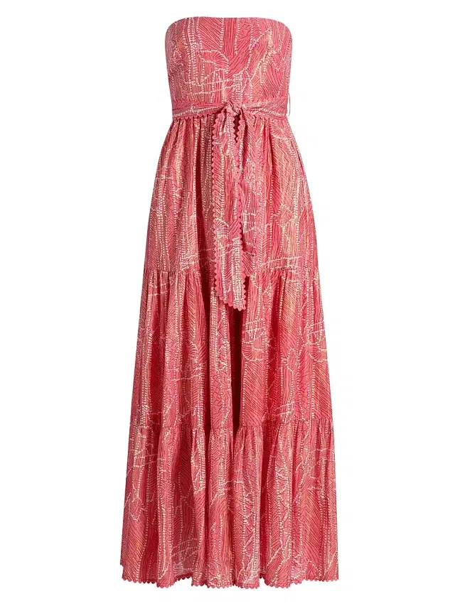 Poupette St Barth Women's Thelma Printed Cotton Strapless Tie-Waist Maxi Dress - Pink Akoya