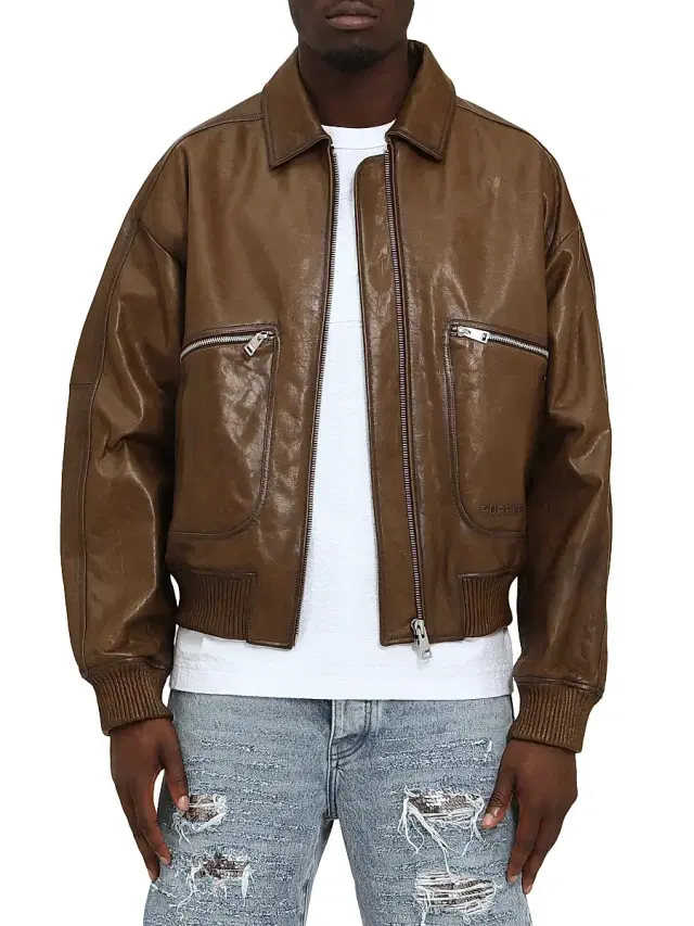 Men's Distressed Leather Bomber Jacket - Brown