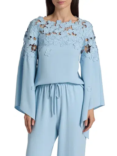 Oscar de la Renta Women's Floral-Embroidered Stretch-Silk Cape-Sleeve Blouse | Thumbnail 3 Oscar de la Renta Women's Floral-Embroidered Stretch-Silk Cape-Sleeve Blouse | Thumbnail 3