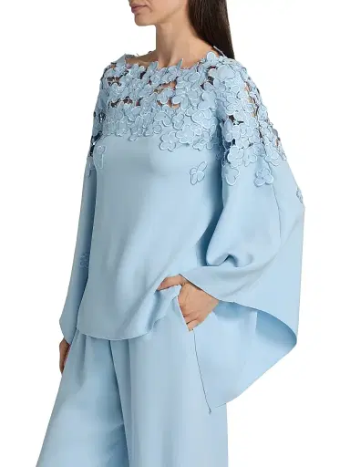 Oscar de la Renta Women's Floral-Embroidered Stretch-Silk Cape-Sleeve Blouse | Thumbnail 4 Oscar de la Renta Women's Floral-Embroidered Stretch-Silk Cape-Sleeve Blouse | Thumbnail 4