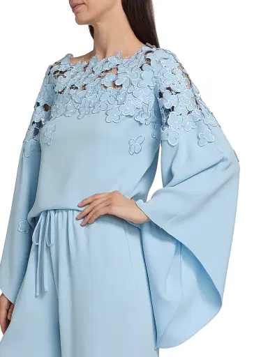 Oscar de la Renta Women's Floral-Embroidered Stretch-Silk Cape-Sleeve Blouse | Thumbnail 6 Oscar de la Renta Women's Floral-Embroidered Stretch-Silk Cape-Sleeve Blouse | Thumbnail 6