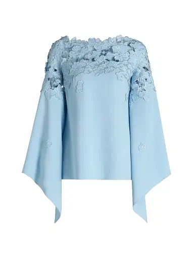 Oscar de la Renta Women's Floral-Embroidered Stretch-Silk Cape-Sleeve Blouse | Thumbnail 1 Oscar de la Renta Women's Floral-Embroidered Stretch-Silk Cape-Sleeve Blouse | Thumbnail 1