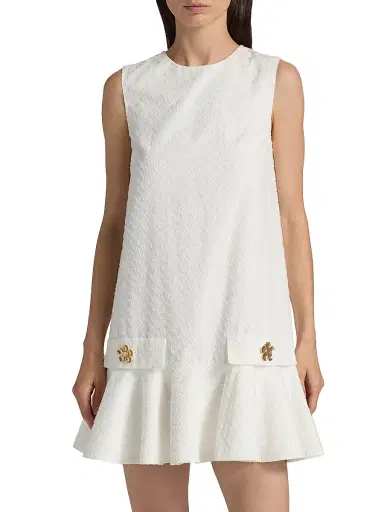 Oscar de la Renta Women's Oscar Chain-Detail Cotton Flounce-Hem Minidress - Off White | Thumbnail 3