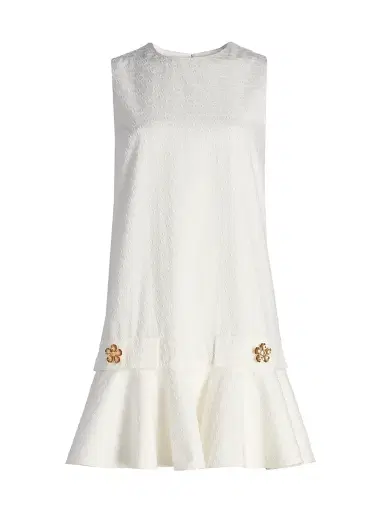 Oscar de la Renta Women's Oscar Chain-Detail Cotton Flounce-Hem Minidress - Off White | Thumbnail 1