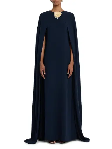 Oscar de la Renta Women's Embellished Draped-Sleeve Silk-Blend Caftan - Navy | Thumbnail 2