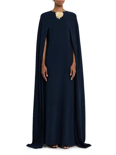 Oscar de la Renta Women's Embellished Draped-Sleeve Silk-Blend Caftan - Navy | Thumbnail 3
