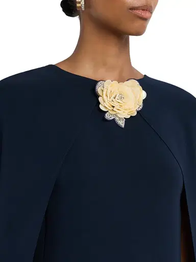 Oscar de la Renta Women's Embellished Draped-Sleeve Silk-Blend Caftan - Navy | Thumbnail 5
