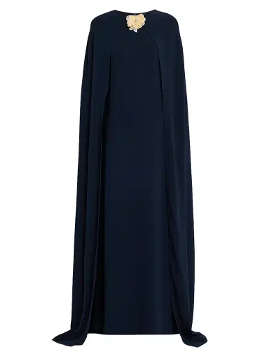 Oscar de la Renta Women's Embellished Draped-Sleeve Silk-Blend Caftan - Navy | Thumbnail 1