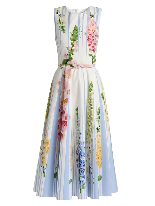Women's Pleated Foxgloves-Print Cotton Poplin Midi-Dress - Light Blue Mult