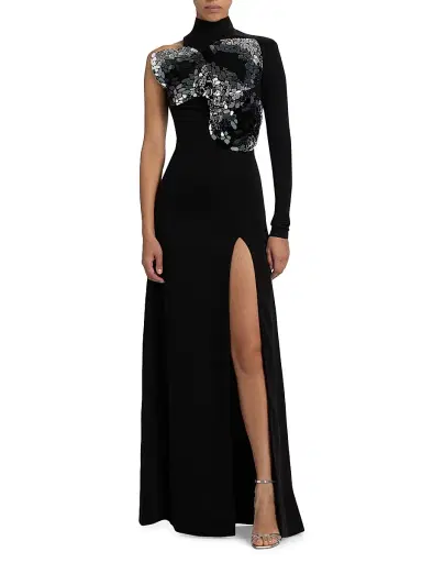 AREA Women's Embroidered Ombré Crystal One-Sleeve Gown - Black | Thumbnail 3