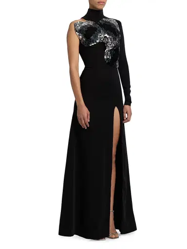 AREA Women's Embroidered Ombré Crystal One-Sleeve Gown - Black | Thumbnail 4