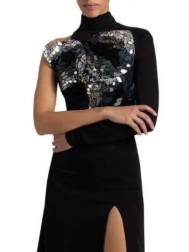 AREA Women's Embroidered Ombré Crystal One-Sleeve Gown - Black | Thumbnail 6