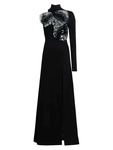 AREA Women's Embroidered Ombré Crystal One-Sleeve Gown - Black | Thumbnail 1