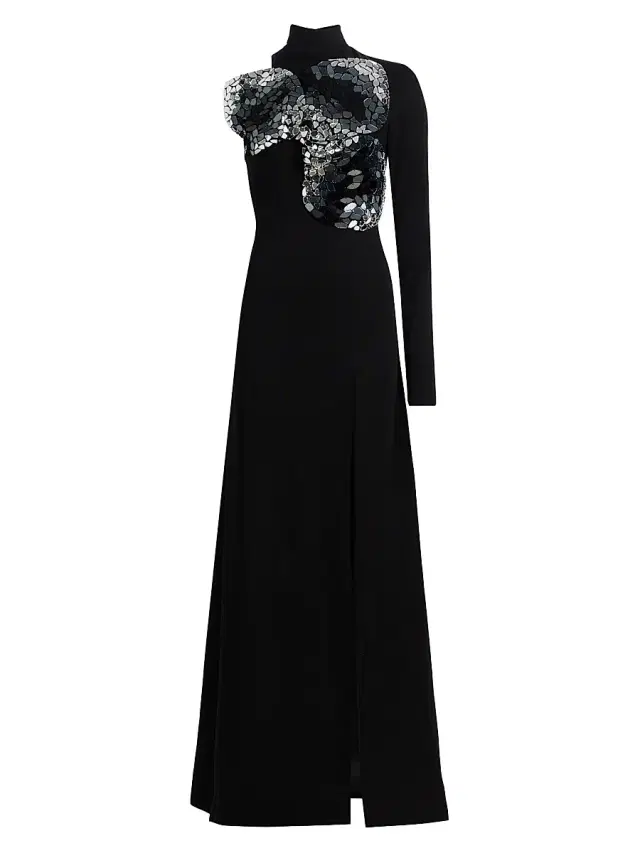 AREA Women's Embroidered Ombré Crystal One-Sleeve Gown - Black