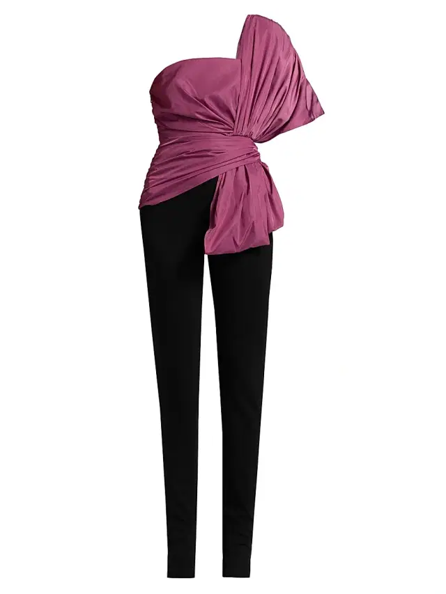 BCBGMAXAZRIA Women's Bow-Detailed Draped One-Shoulder Jumpsuit - Black Red Violet Combo