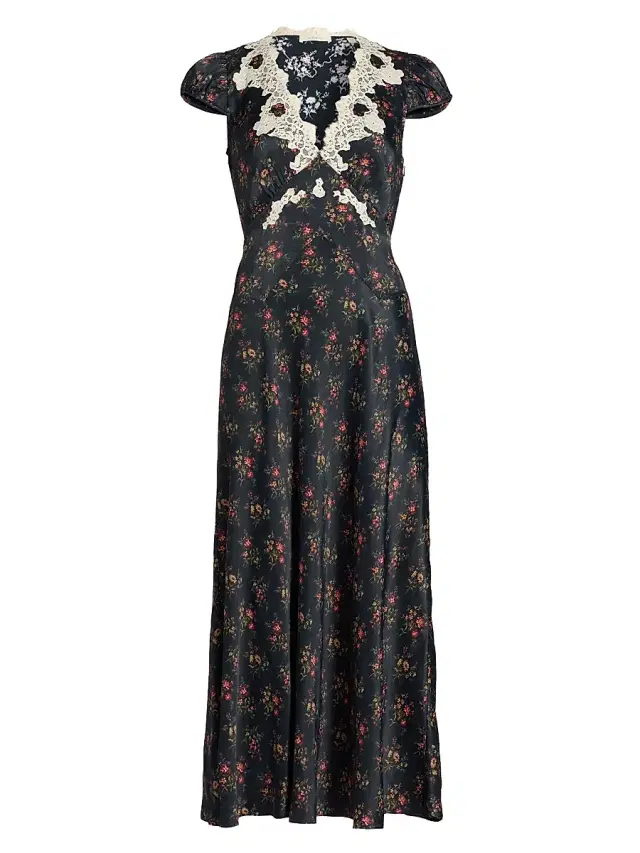 Women's Coraline Lace-Trim Floral Satin Midi-Dress - Fleur Du Palais