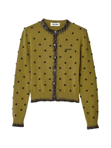 Miu Miu Women's Embroidered Cashmere Cardigan - Green | Thumbnail 1