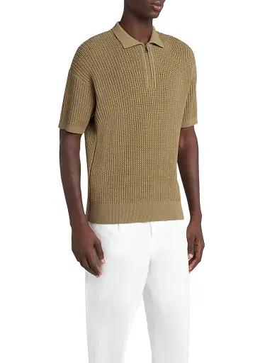 Giorgio Armani Men's Rib-Knit Short-Sleeve Polo Shirt - Tan - Size 40 | Thumbnail 3