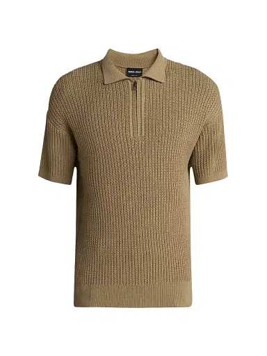 Giorgio Armani Men's Rib-Knit Short-Sleeve Polo Shirt - Tan - Size 40 | Thumbnail 1