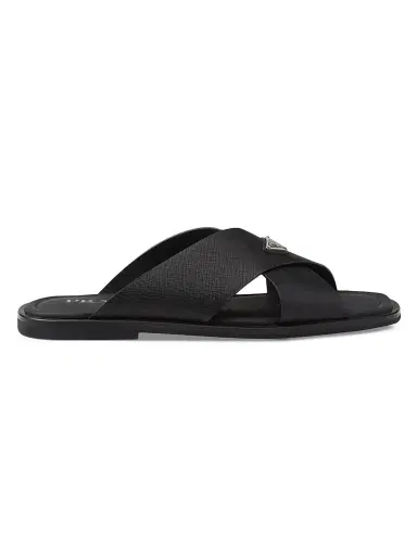 Prada Men's Saffiano Leather Crisscross Slides - Black - Size 12.5 | Thumbnail 1 Prada Men's Saffiano Leather Crisscross Slides - Black - Size 12.5 | Thumbnail 1